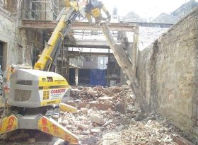 Controlled demolition of historic city-centre structure